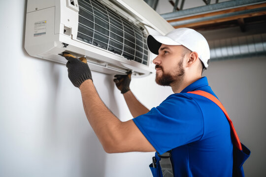 HVAC technician installing a mini split air conditioner in San Rafael
