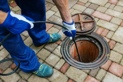 Plumber cleaning an outdoor sewer drain in San Rafael