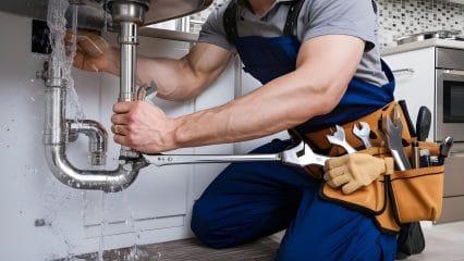 Plumber repairing pipes beneath a sink in San Rafael