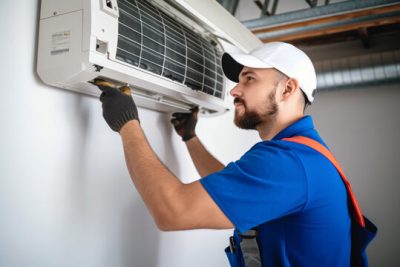HVAC technician installing a mini split air conditioner in San Rafael